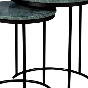 Set of Two Green and Black Marble and Metal Round Nested Tables
