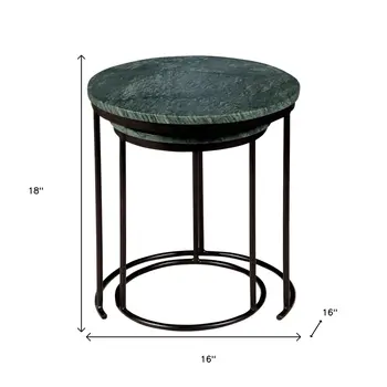 Set of Two Green and Black Marble and Metal Round Nested Tables