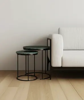 Set of Two Green and Black Marble and Metal Round Nested Tables