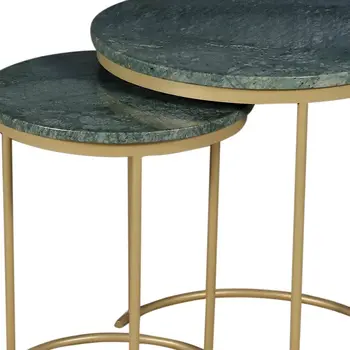 Set of Two Green and Gold Marble and Metal Round Nested Tables