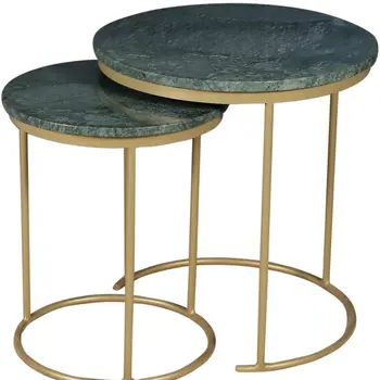 Set of Two Green and Gold Marble and Metal Round Nested Tables