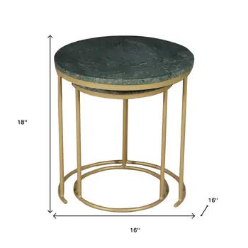 Set of Two Green and Gold Marble and Metal Round Nested Tables