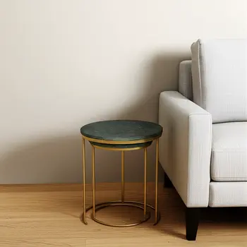 Set of Two Green and Gold Marble and Metal Round Nested Tables