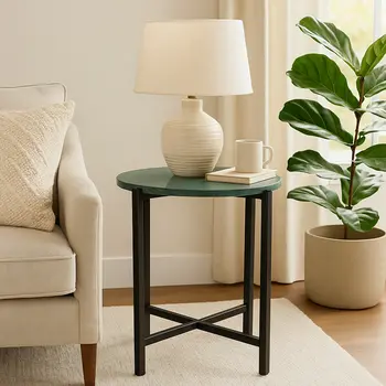 21" Green and Black Marble and Metal Round End Table