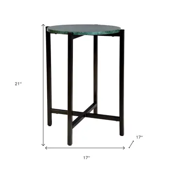 21" Green and Black Marble and Metal Round End Table