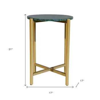 21" Green and Gold Marble and Metal Round End Table