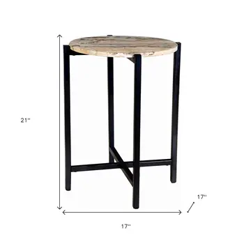 21" Brown Tan and Black Marble and Metal Round End Table