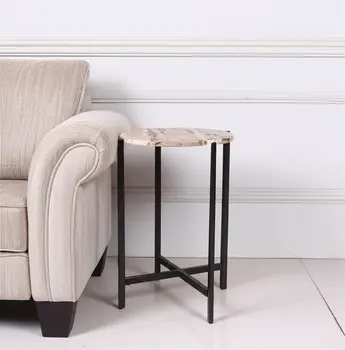 21" Brown Tan and Black Marble and Metal Round End Table