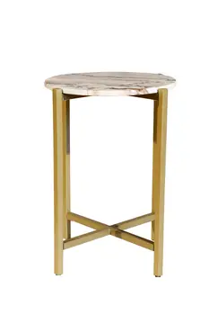 21" Brown Tan and Gold Marble and Metal Round End Table