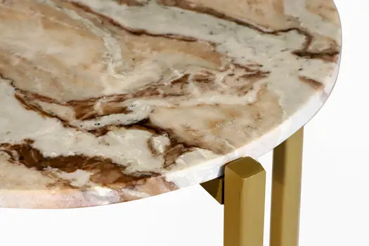 21" Brown Tan and Gold Marble and Metal Round End Table