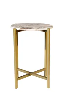 21" Brown Tan and Gold Marble and Metal Round End Table