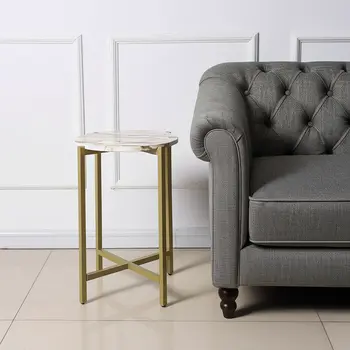 21" Brown Tan and Gold Marble and Metal Round End Table