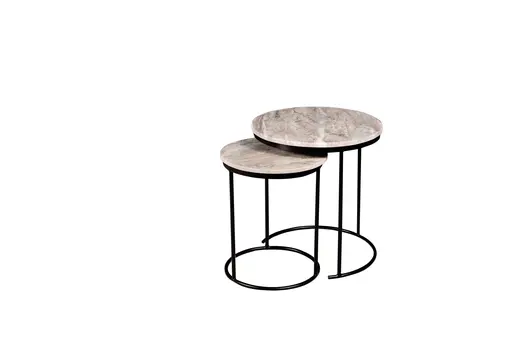 Set of Two Brown Gray and Black Marble and Metal Round Nested Tables