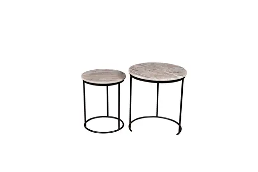 Set of Two Brown Gray and Black Marble and Metal Round Nested Tables