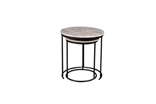 Set of Two Brown Gray and Black Marble and Metal Round Nested Tables