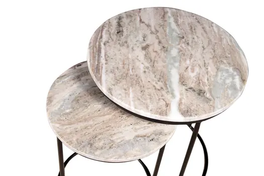 Set of Two Brown Gray and Black Marble and Metal Round Nested Tables