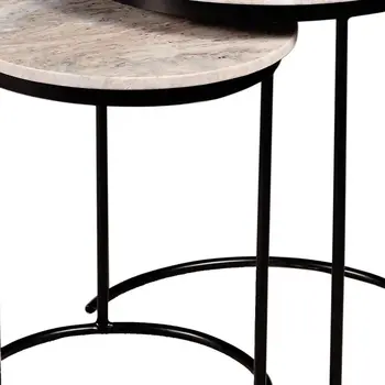 Set of Two Brown Gray and Black Marble and Metal Round Nested Tables