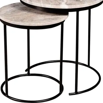 Set of Two Brown Gray and Black Marble and Metal Round Nested Tables