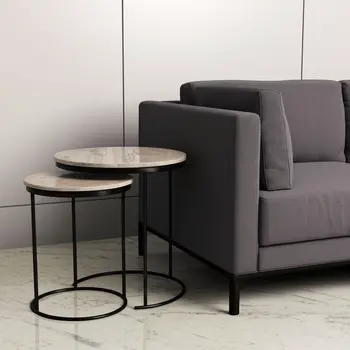 Set of Two Brown Gray and Black Marble and Metal Round Nested Tables