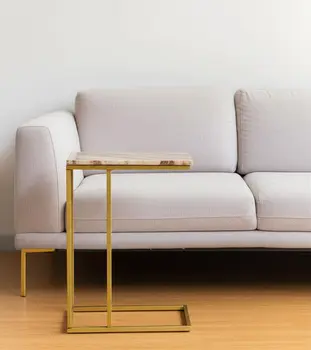24" Brown Tan and Gold Marble and Metal End Table