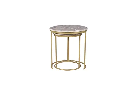 Set of Two Brown Gray and Gold Marble and Metal Round Nested Tables