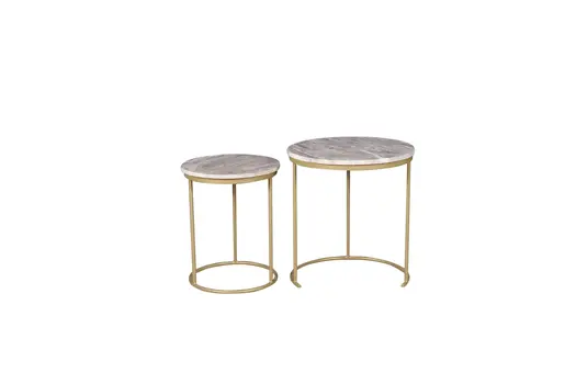 Set of Two Brown Gray and Gold Marble and Metal Round Nested Tables
