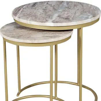 Set of Two Brown Gray and Gold Marble and Metal Round Nested Tables