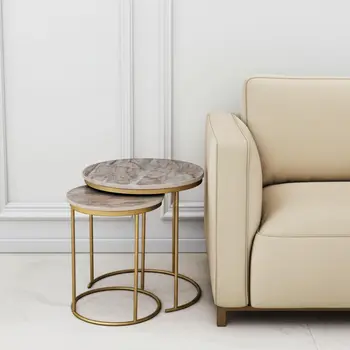 Set of Two Brown Gray and Gold Marble and Metal Round Nested Tables