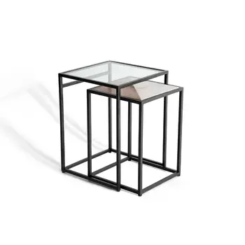 Set of Two Clear and Black Glass and Metal Square Frame Nested Tables