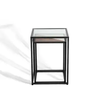 Set of Two Clear and Black Glass and Metal Square Frame Nested Tables