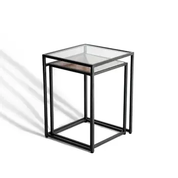 Set of Two Clear and Black Glass and Metal Square Frame Nested Tables