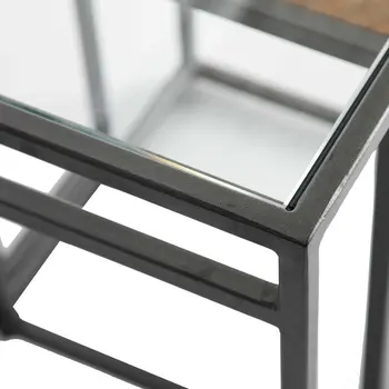 Set of Two Clear and Black Glass and Metal Square Frame Nested Tables
