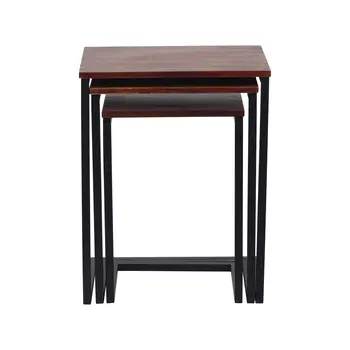 Set of Three Dark Brown and Black Reclaimed Wood and Metal Square Nested Tables