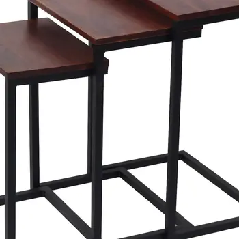 Set of Three Dark Brown and Black Reclaimed Wood and Metal Square Nested Tables