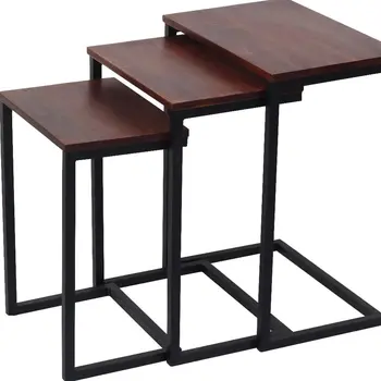 Set of Three Dark Brown and Black Reclaimed Wood and Metal Square Nested Tables