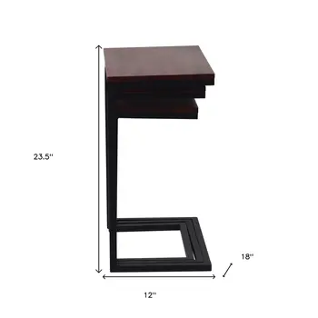 Set of Three Dark Brown and Black Reclaimed Wood and Metal Square Nested Tables