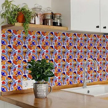 5" x 5" Orange Vinyl Arabesque Peel And Stick Removable Tiles