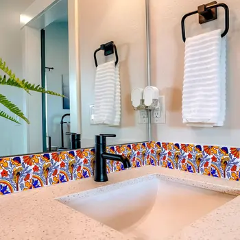 12" x 12" Orange Vinyl Arabesque Peel And Stick Removable Tiles