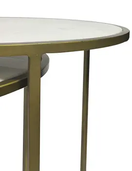 Set of Three White and Antiqued Gold Marble and Iron Round Frame Nested Tables
