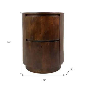 24" Chestnut Solid Wood Round Drum End Table With Two Drawers