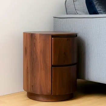 24" Chestnut Solid Wood Round Drum End Table With Two Drawers