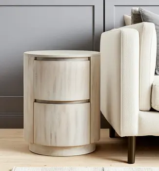 24" White Solid Wood Round Drum End Table With Two Drawers