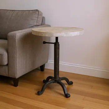 22" Natural and Black Solid Wood and Metal Height Adjustable Round Pedestal End Table