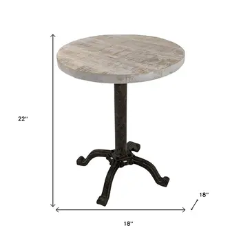 22" Natural and Black Solid Wood and Metal Height Adjustable Round Pedestal End Table