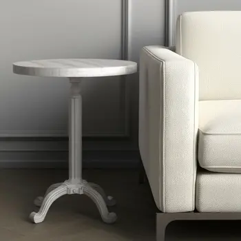 22" White Solid Wood and Metal Height Adjustable Round Pedestal End Table