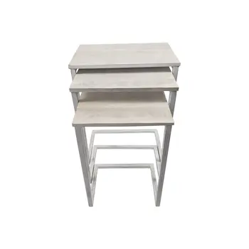 Set of Three Antiqued White Solid Wood and Steel Frame Nested Tables
