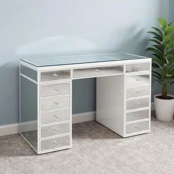 51" White Wood Mirrored Glass And Clear Glass Thirteen Drawer Vanity Table