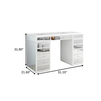 51" White Wood Mirrored Glass And Clear Glass Thirteen Drawer Vanity Table