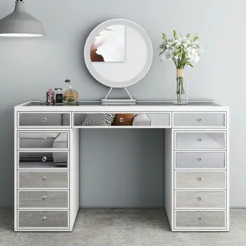 51" White Wood Mirrored Glass And Clear Glass Thirteen Drawer Vanity Table
