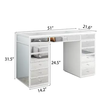51" White Wood Mirrored Glass And Clear Glass Thirteen Drawer Vanity Table